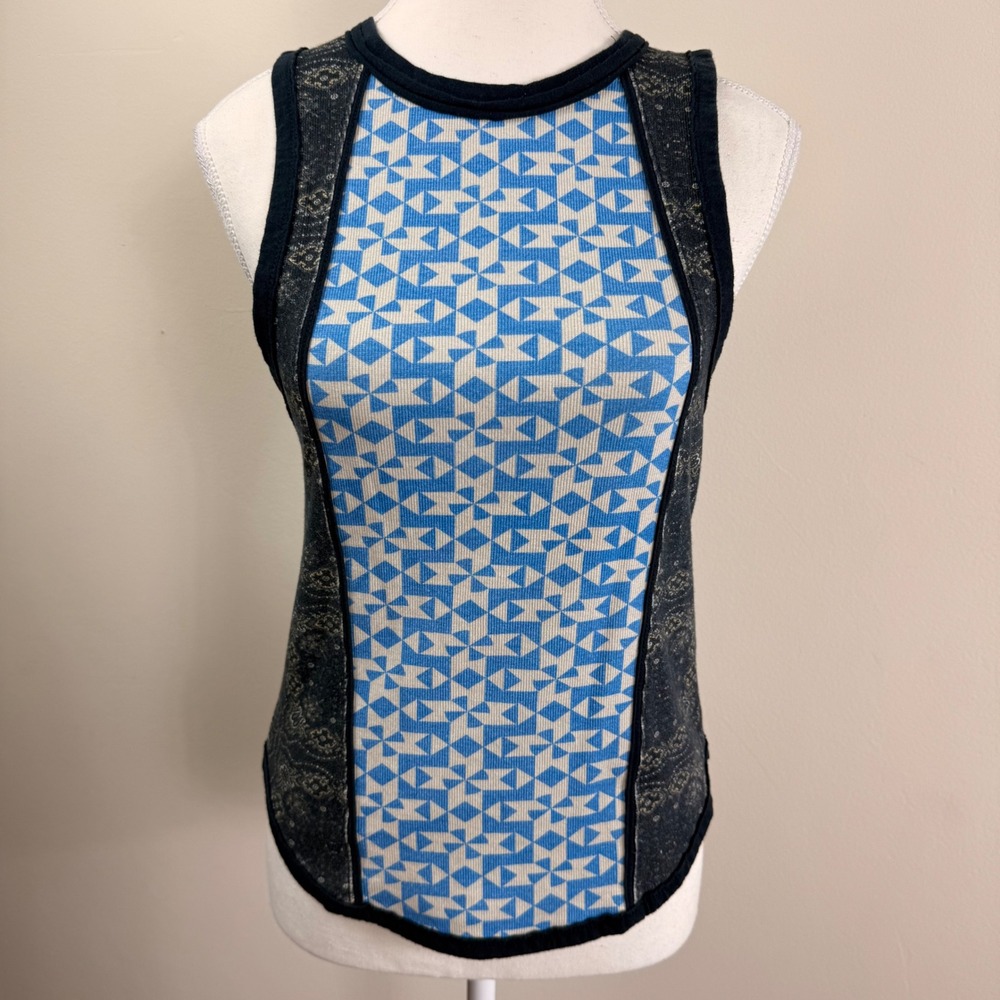Free People We The Free Too Hot To Handle Tank Top Blue Geometric Paisley Medium - Picture 2 of 7